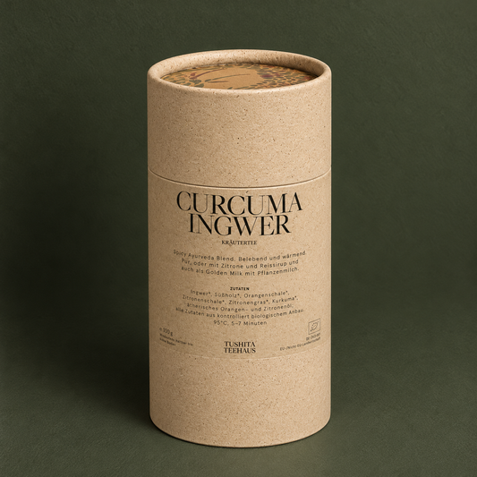 Curcuma-Ingwer Kräutertee in der Vorratsdose – Tushita Teehaus